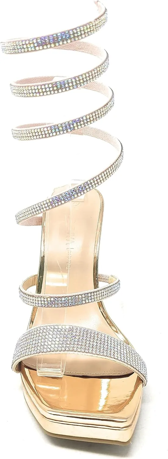 Wild Diva Women's Square Toe Spiral Ankle Strap Rhinestone Embellished Formal Stiletto High Heels Lunna-03