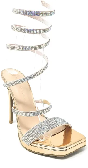 Wild Diva Women's Square Toe Spiral Ankle Strap Rhinestone Embellished Formal Stiletto High Heels Lunna-03