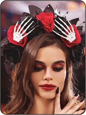 Woeoe Day of The Dead Floral Headband Halloween Rose Flower Crown Skeleton Hand Costume Party Headpiece for Women and Girls
