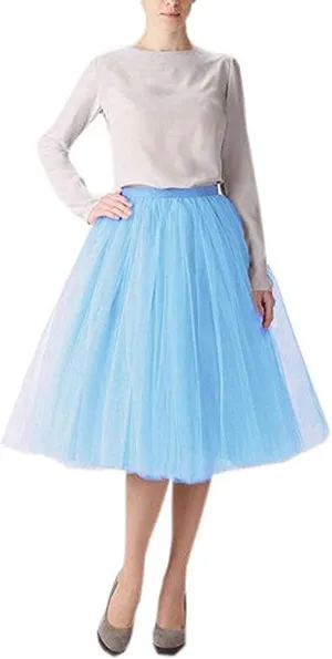 Women 5 Layers Tulle Skirt - Tea Length High Waist Bridal Midi Skirt Tutu forWedding Party Evening