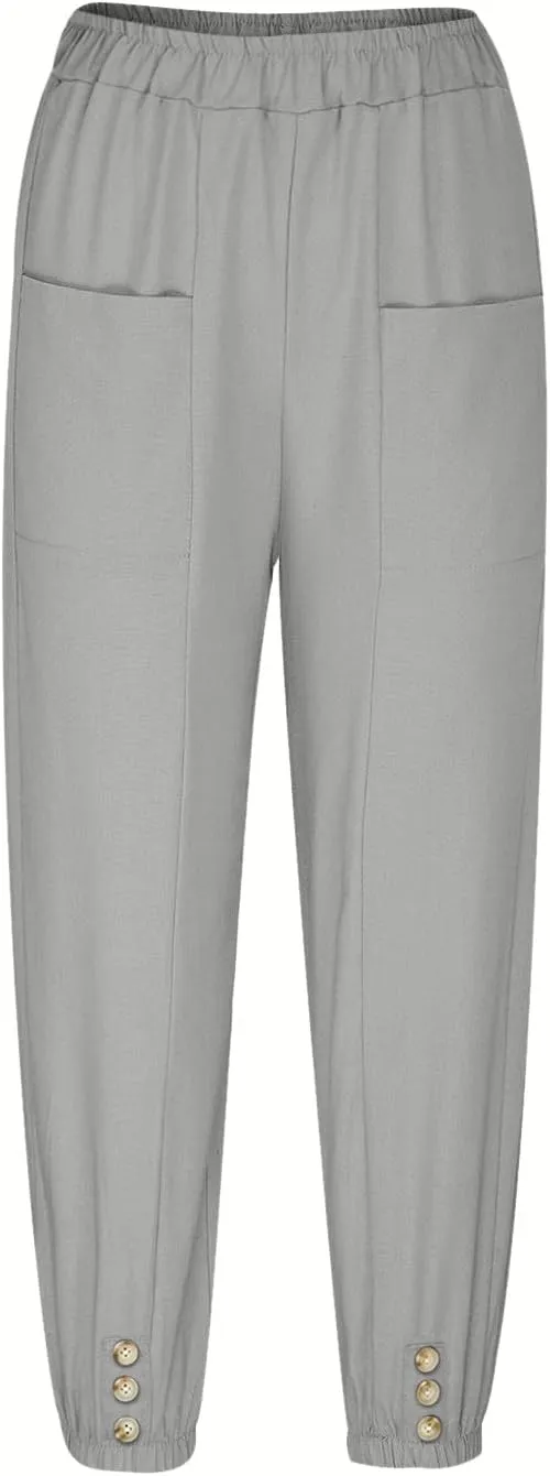 Women Capri Pants 2025 Casual Summer High Waist Drawstring Cinch Bottom with Button Casual Loose Trouser with Pockets