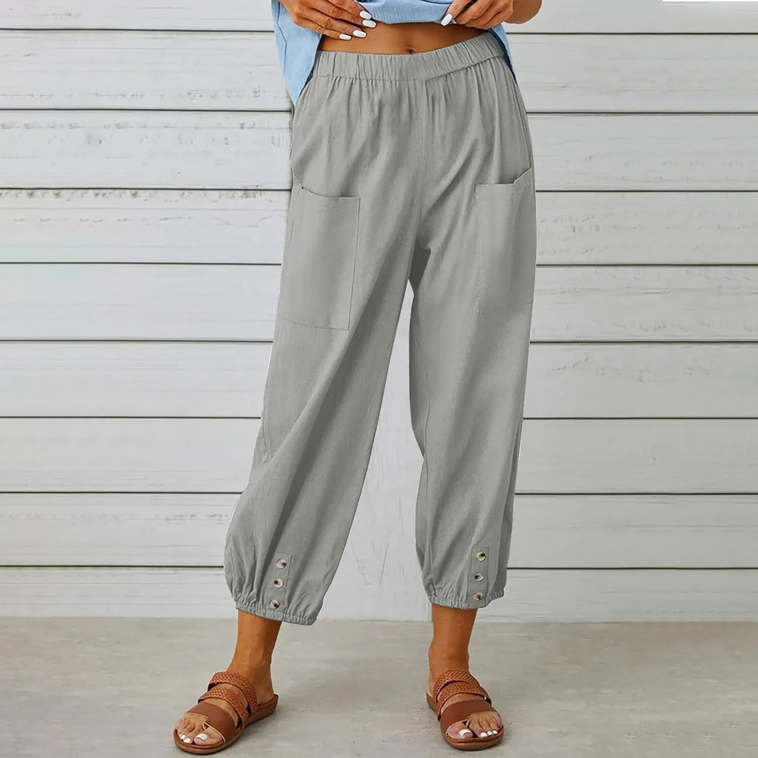 Women Capri Pants 2025 Casual Summer High Waist Drawstring Cinch Bottom with Button Casual Loose Trouser with Pockets