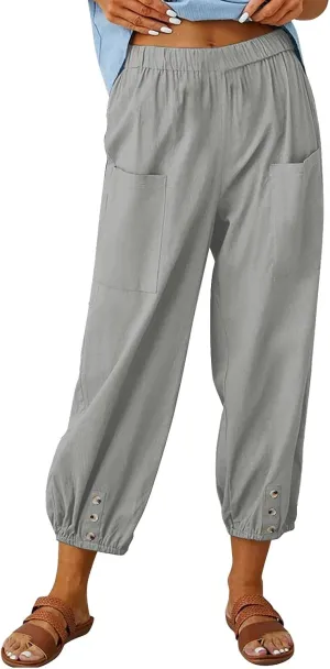 Women Capri Pants 2025 Casual Summer High Waist Drawstring Cinch Bottom with Button Casual Loose Trouser with Pockets