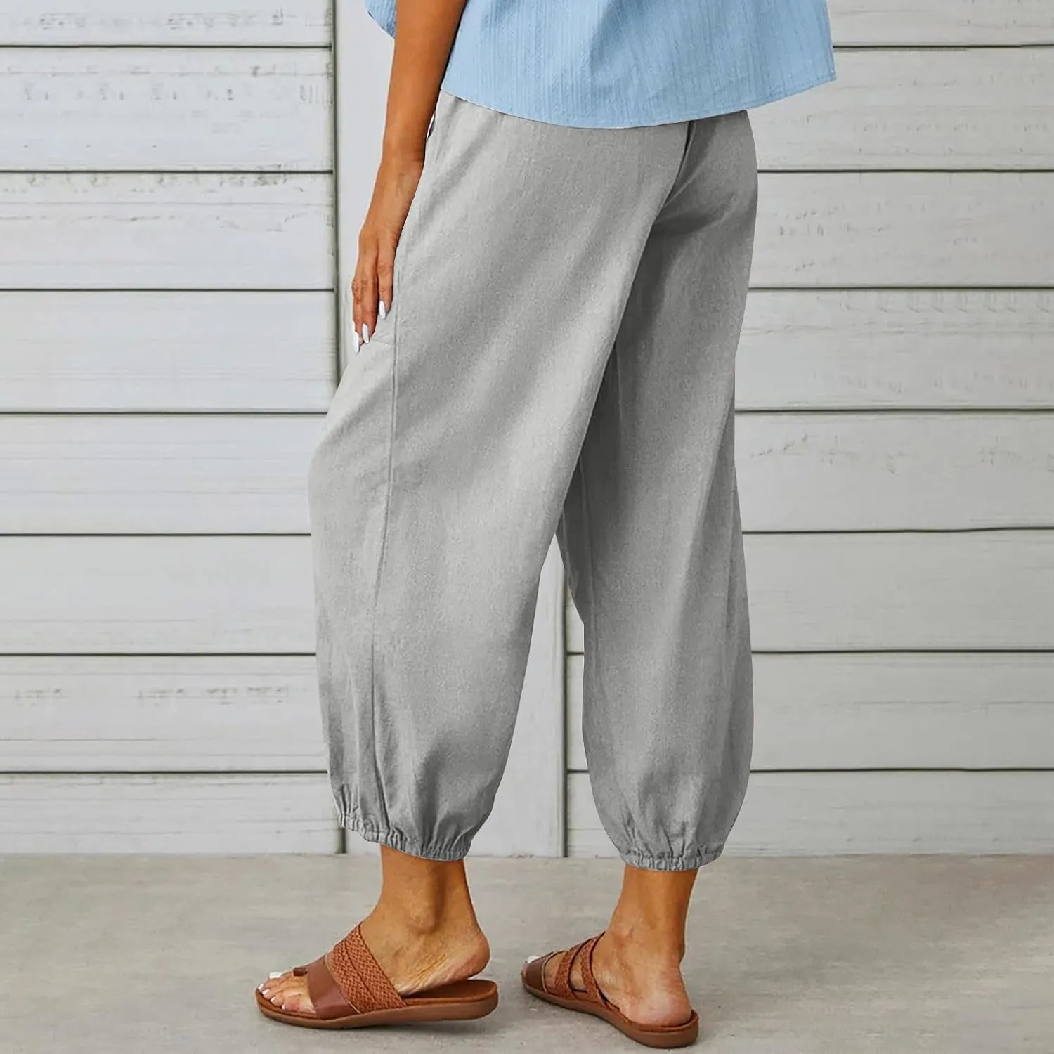 Women Capri Pants 2025 Casual Summer High Waist Drawstring Cinch Bottom with Button Casual Loose Trouser with Pockets