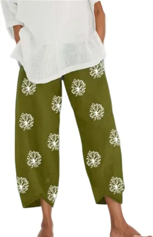Women Cotton Linen Harem Pants Floral Straight Leg Cropped Pants with Pockets