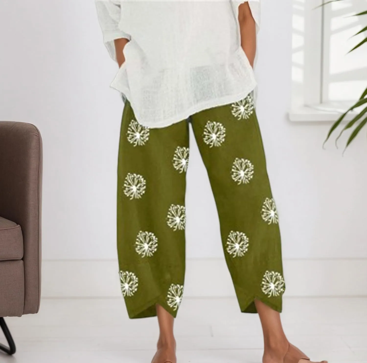 Women Cotton Linen Harem Pants Floral Straight Leg Cropped Pants with Pockets