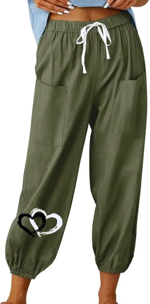 Women Cotton Linen Pants for Summer High Waisted Comfy Loose Casual Pant Trendy Graphic Printed Pants with Pockets
