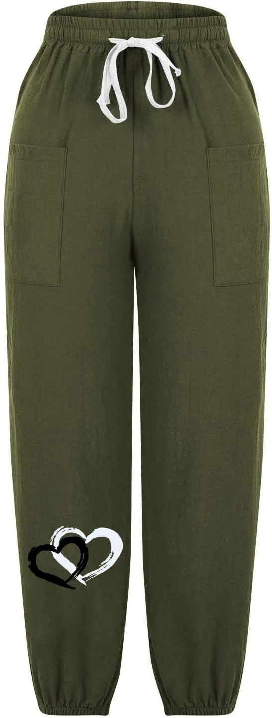 Women Cotton Linen Pants for Summer High Waisted Comfy Loose Casual Pant Trendy Graphic Printed Pants with Pockets