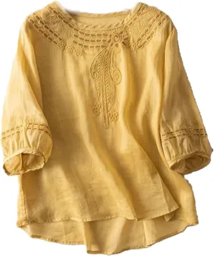 Women Cotton Linen Shirts Crew Neck Short Half Sleeve Floral Embroidered Casual Loose Tunic Tee Shirts Tops Blouse