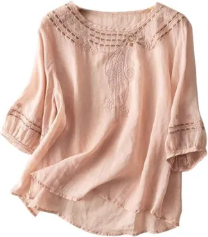 Women Cotton Linen Shirts Crew Neck Short Half Sleeve Floral Embroidered Casual Loose Tunic Tee Shirts Tops Blouse