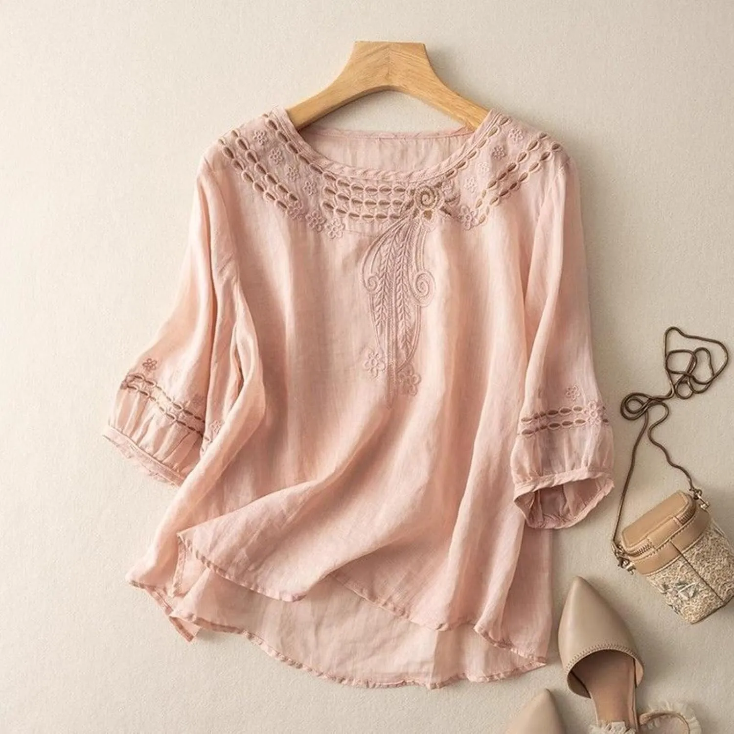 Women Cotton Linen Shirts Crew Neck Short Half Sleeve Floral Embroidered Casual Loose Tunic Tee Shirts Tops Blouse
