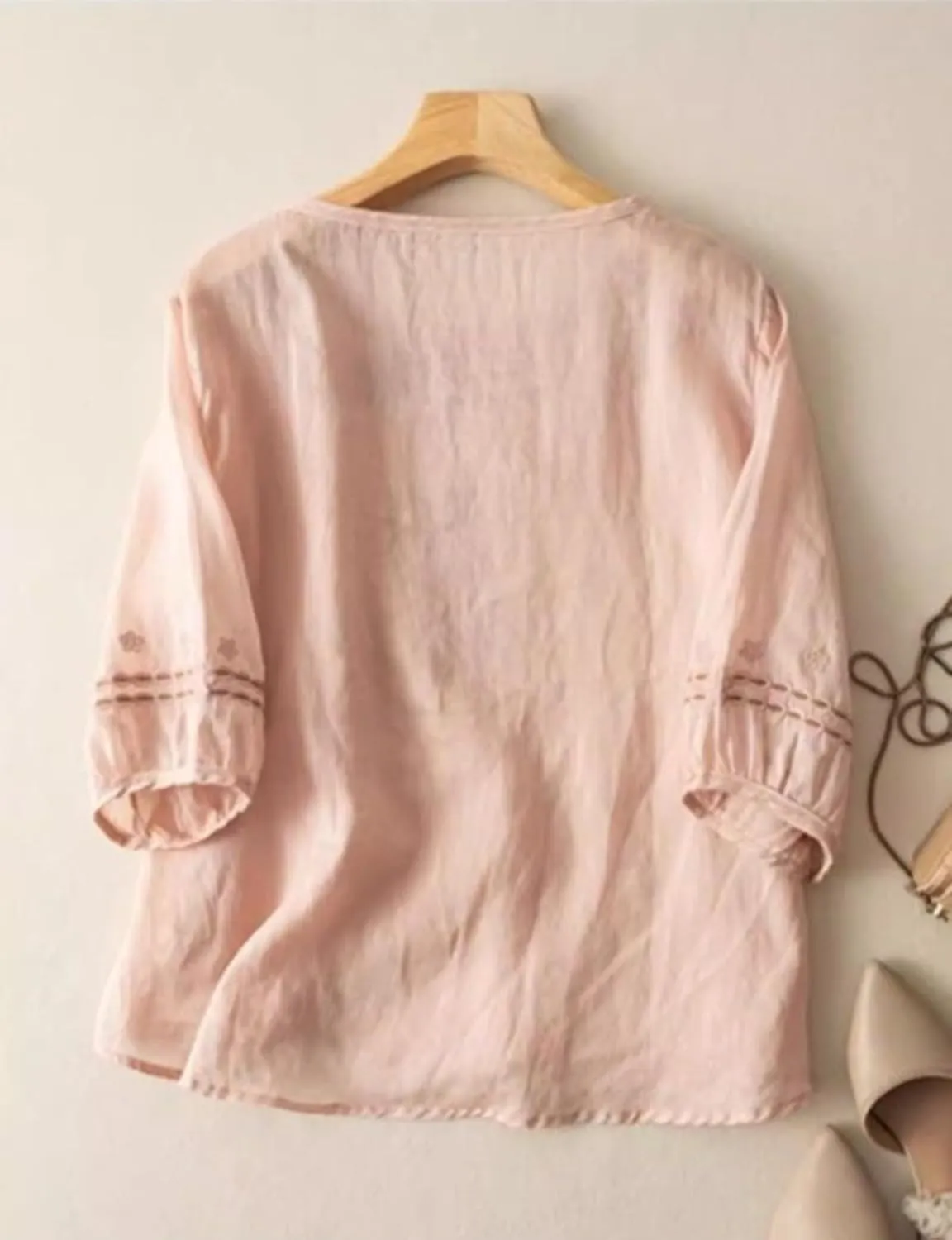 Women Cotton Linen Shirts Crew Neck Short Half Sleeve Floral Embroidered Casual Loose Tunic Tee Shirts Tops Blouse