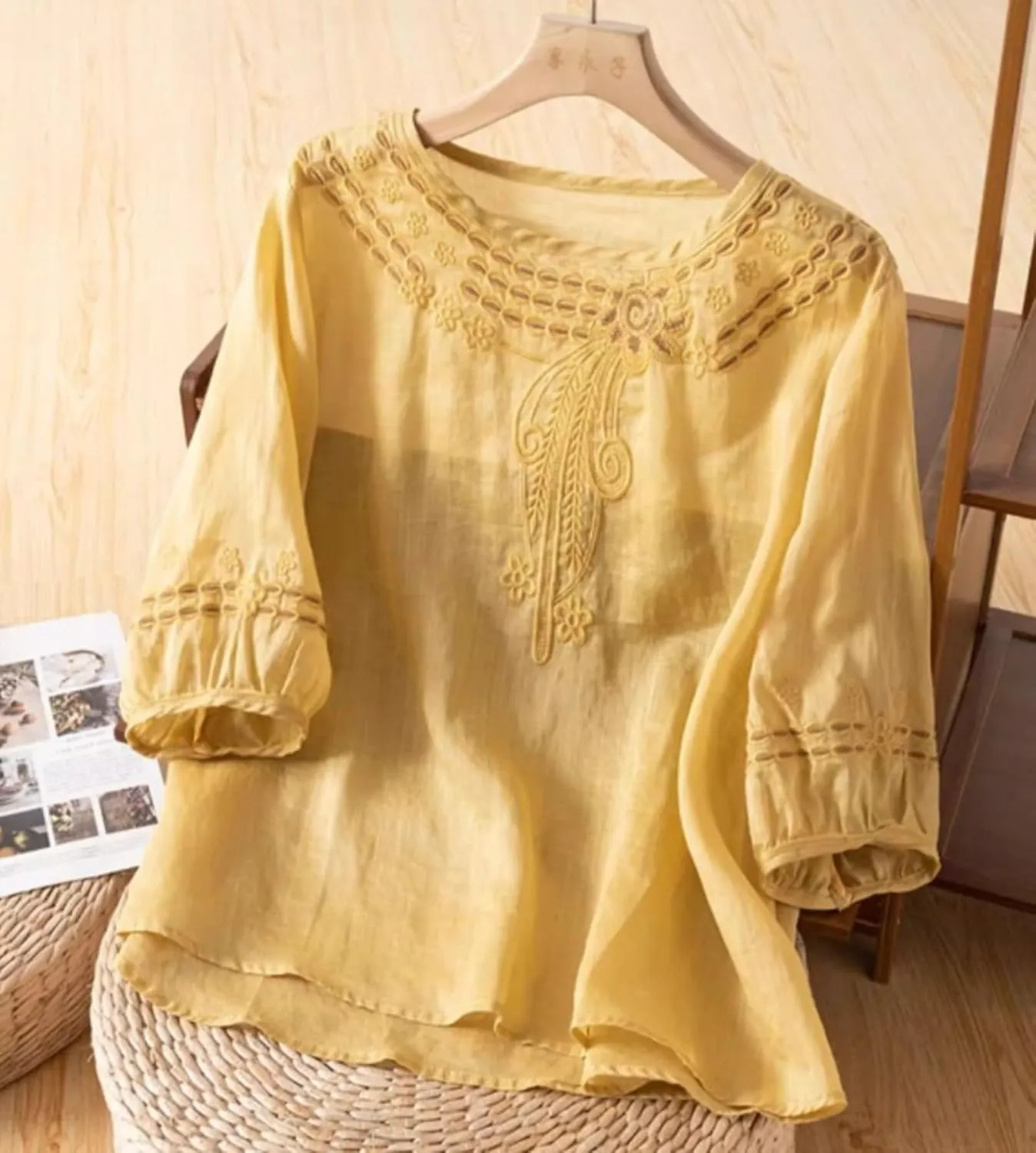 Women Cotton Linen Shirts Crew Neck Short Half Sleeve Floral Embroidered Casual Loose Tunic Tee Shirts Tops Blouse