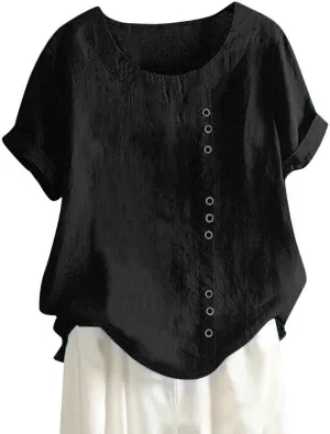 Women Cotton Linen Short Sleeve Shirts Summer Boho Floral Print Blouses Casual Button Loose Tunic Tops