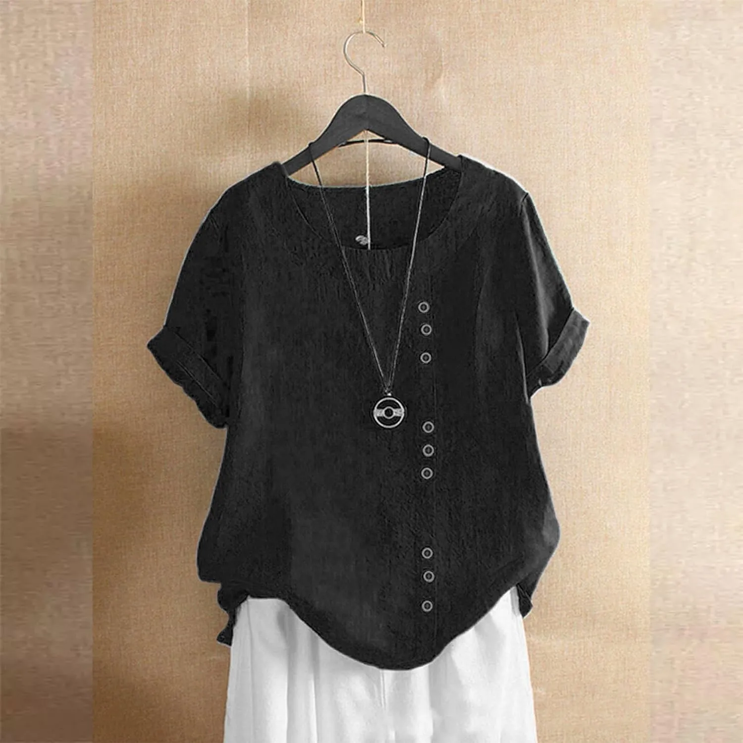 Women Cotton Linen Short Sleeve Shirts Summer Boho Floral Print Blouses Casual Button Loose Tunic Tops
