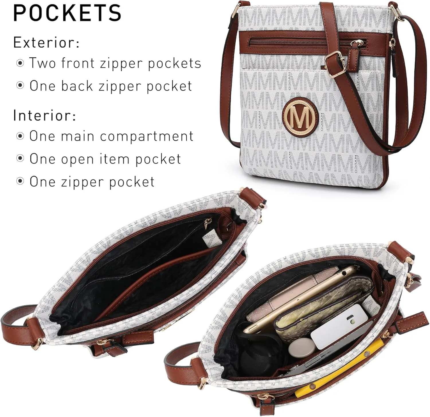 Women Crossbody Purses Multi Pockets Large Signature Monogram Zip Shoulder Bags Ladies PU Leather Handbag