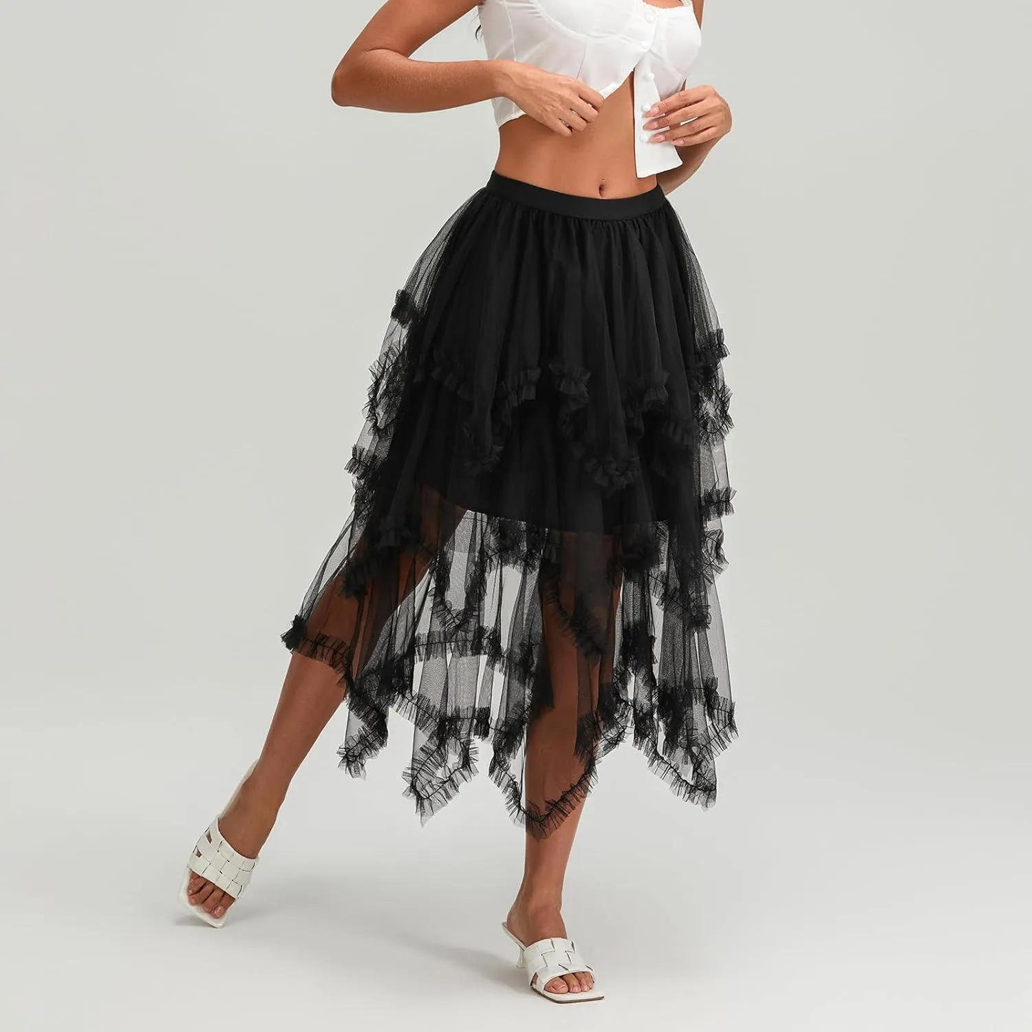 Women Layered Tulle Midi Skirt Frill Trim Ruffle Long Skirts