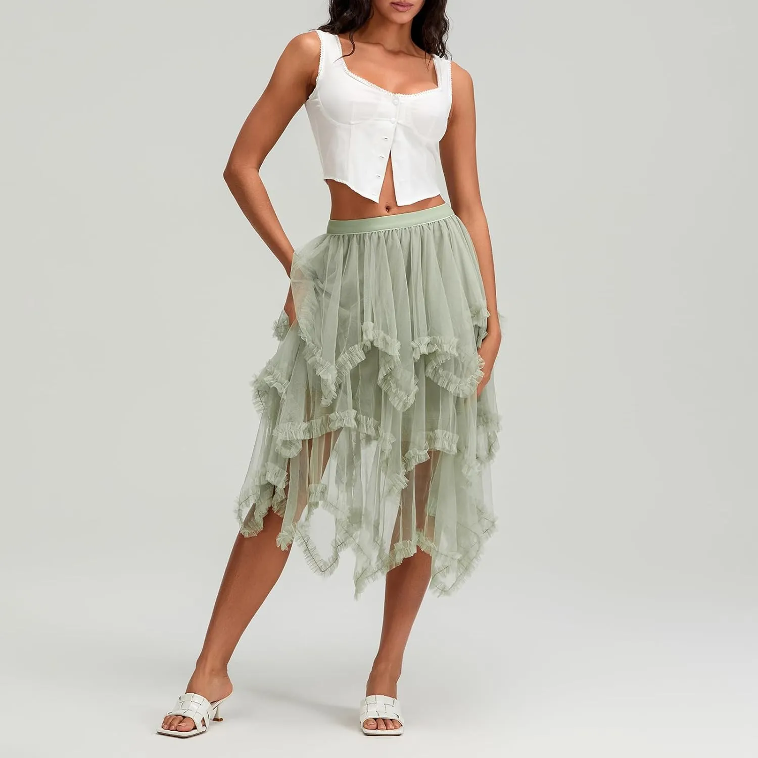 Women Layered Tulle Midi Skirt Frill Trim Ruffle Long Skirts