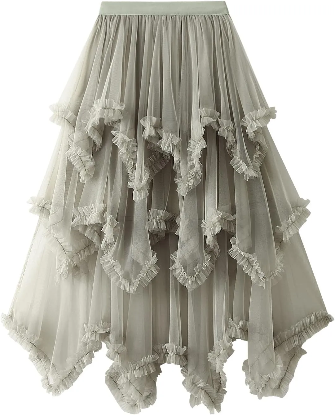 Women Layered Tulle Midi Skirt Frill Trim Ruffle Long Skirts