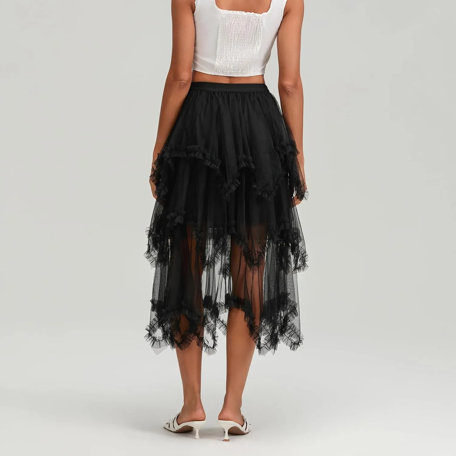 Women Layered Tulle Midi Skirt Frill Trim Ruffle Long Skirts