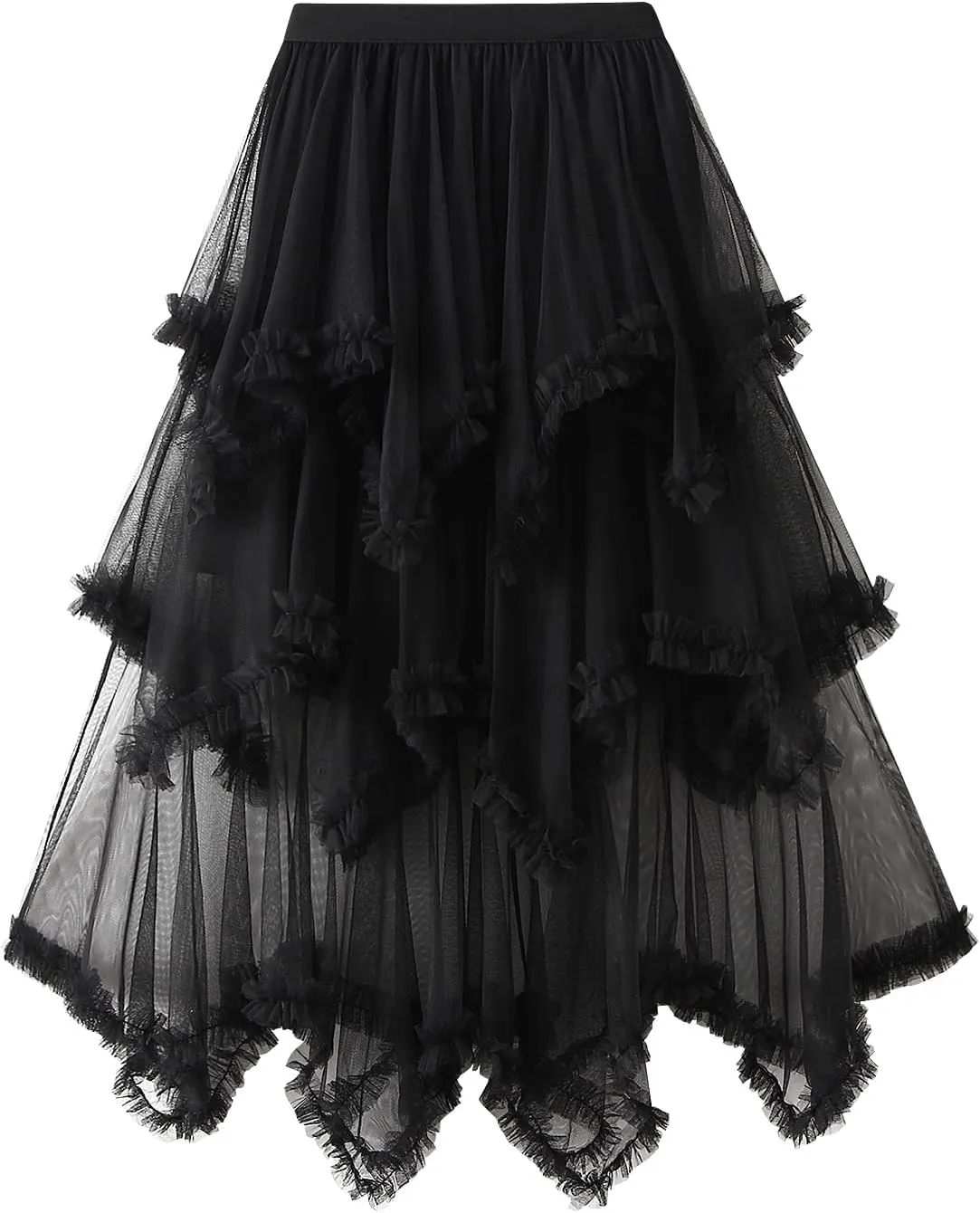 Women Layered Tulle Midi Skirt Frill Trim Ruffle Long Skirts
