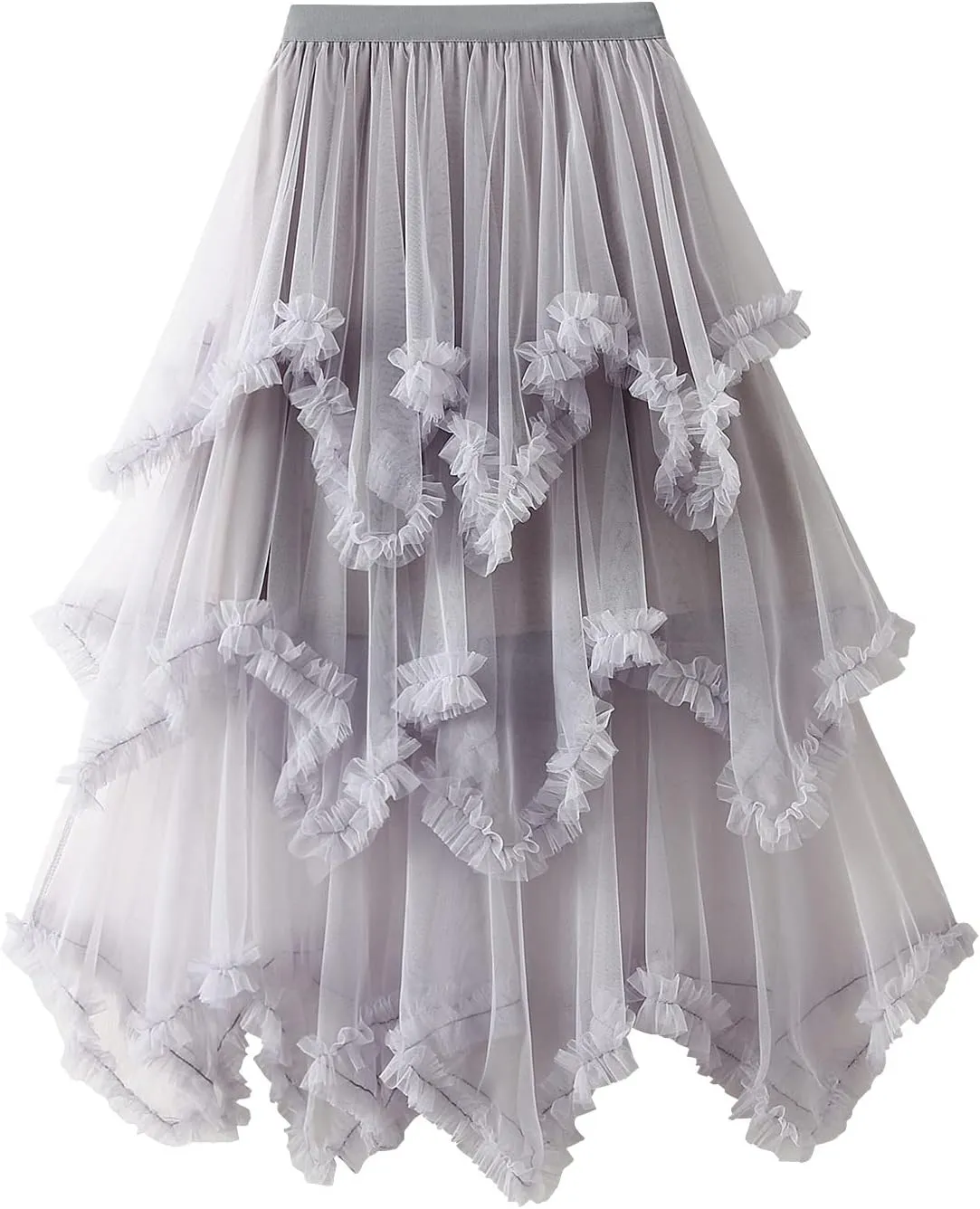 Women Layered Tulle Midi Skirt Frill Trim Ruffle Long Skirts