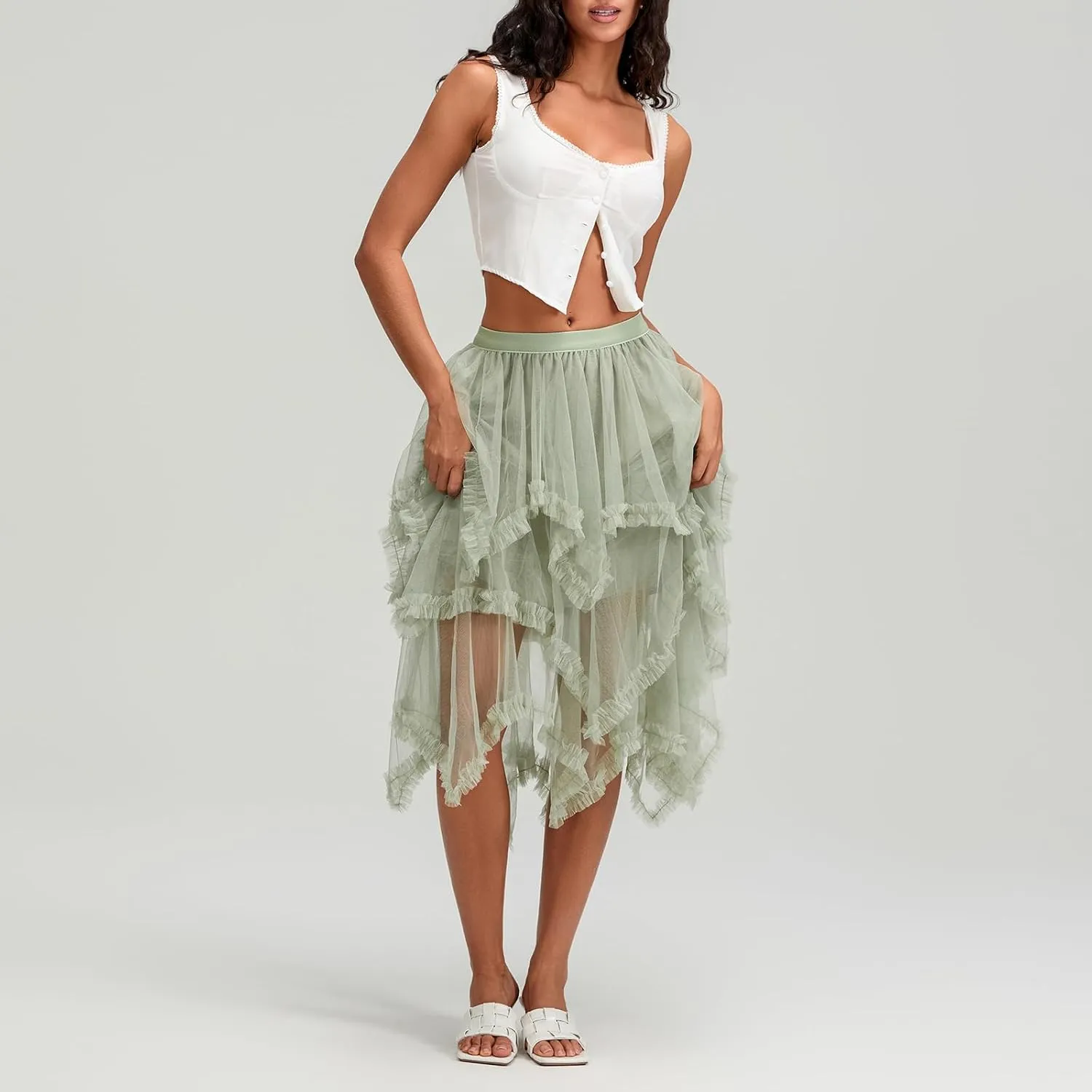 Women Layered Tulle Midi Skirt Frill Trim Ruffle Long Skirts