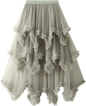 Women Layered Tulle Midi Skirt Frill Trim Ruffle Long Skirts