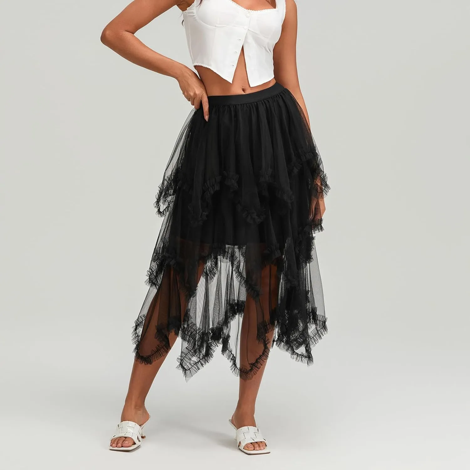 Women Layered Tulle Midi Skirt Frill Trim Ruffle Long Skirts