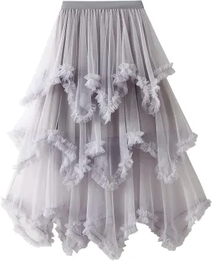 Women Layered Tulle Midi Skirt Frill Trim Ruffle Long Skirts