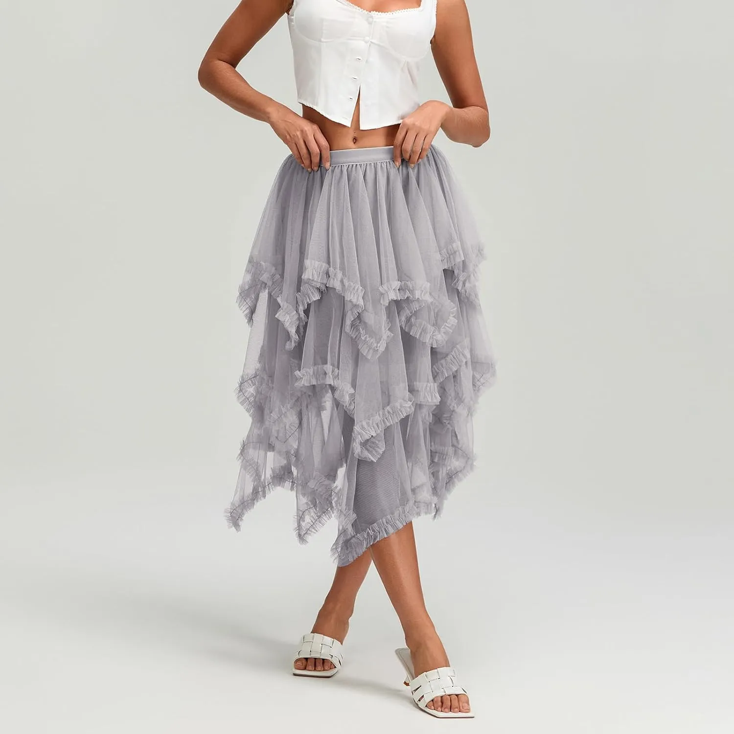 Women Layered Tulle Midi Skirt Frill Trim Ruffle Long Skirts