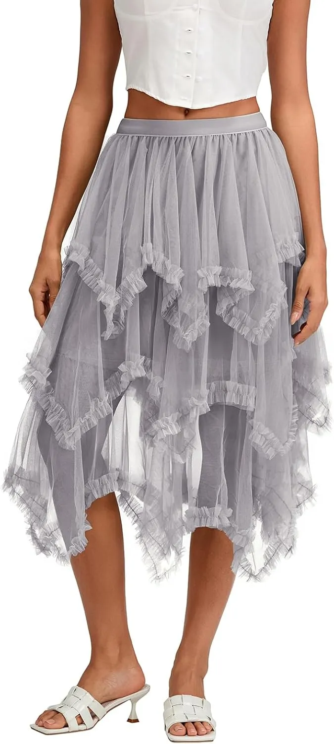 Women Layered Tulle Midi Skirt Frill Trim Ruffle Long Skirts