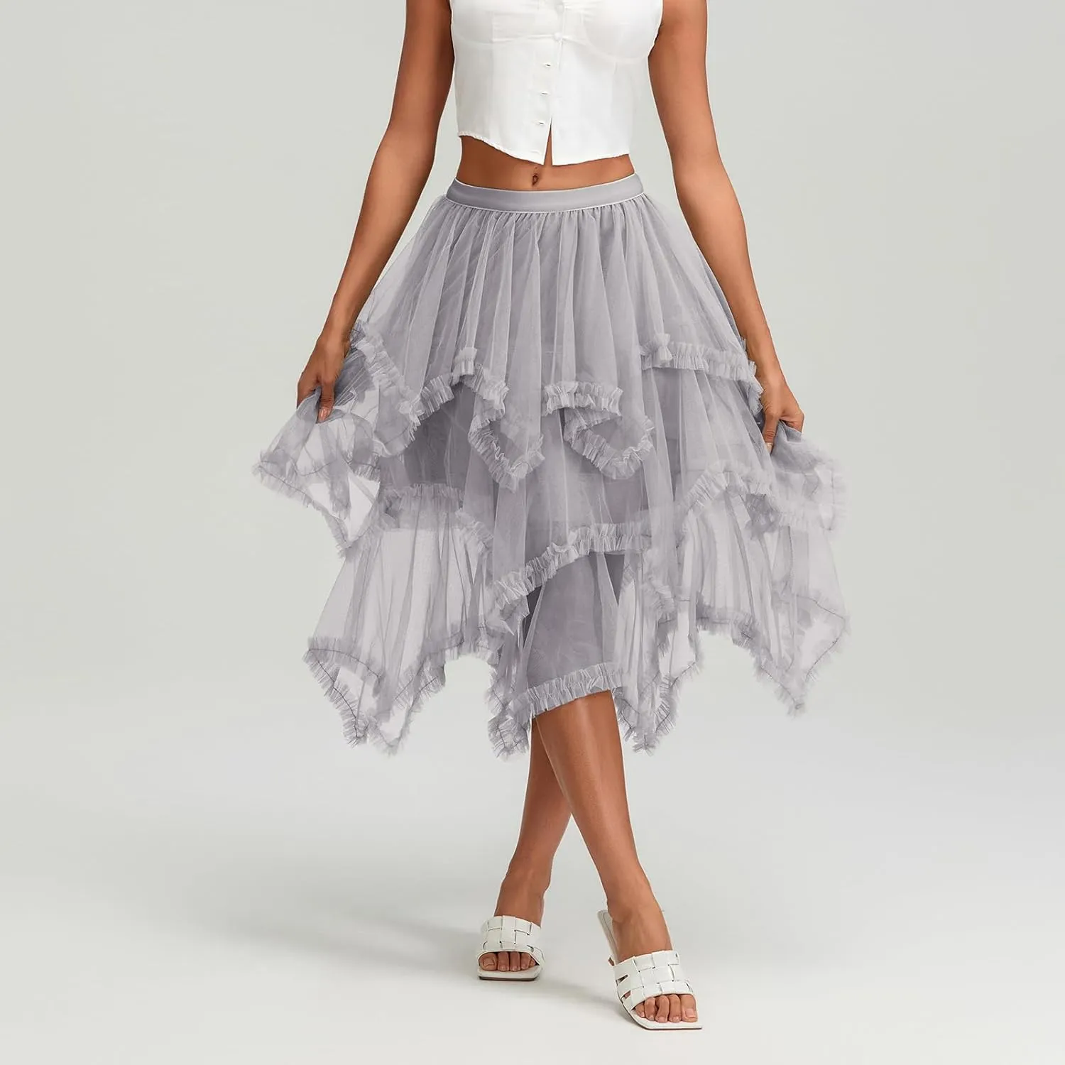 Women Layered Tulle Midi Skirt Frill Trim Ruffle Long Skirts