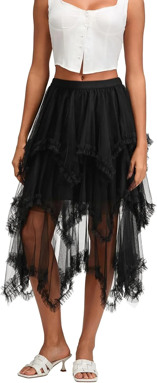 Women Layered Tulle Midi Skirt Frill Trim Ruffle Long Skirts