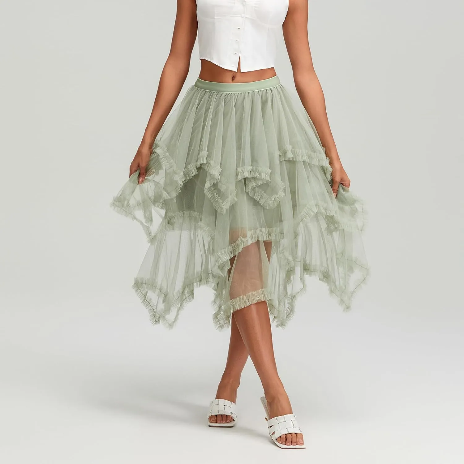 Women Layered Tulle Midi Skirt Frill Trim Ruffle Long Skirts