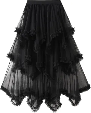 Women Layered Tulle Midi Skirt Frill Trim Ruffle Long Skirts