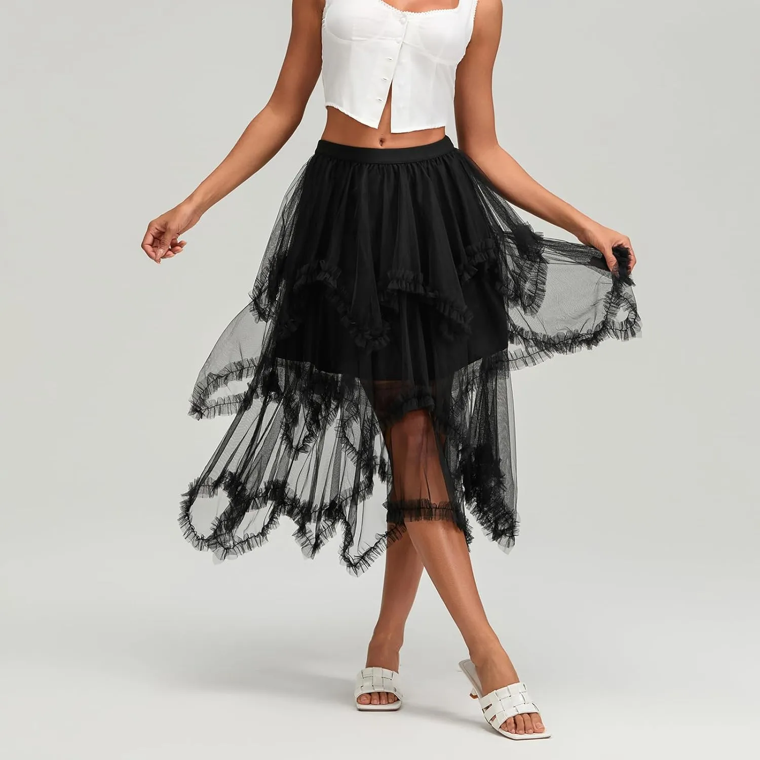 Women Layered Tulle Midi Skirt Frill Trim Ruffle Long Skirts