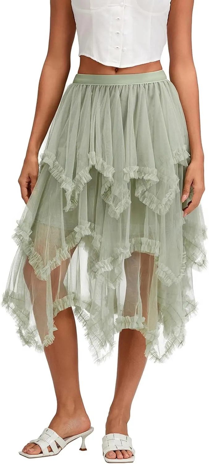Women Layered Tulle Midi Skirt Frill Trim Ruffle Long Skirts