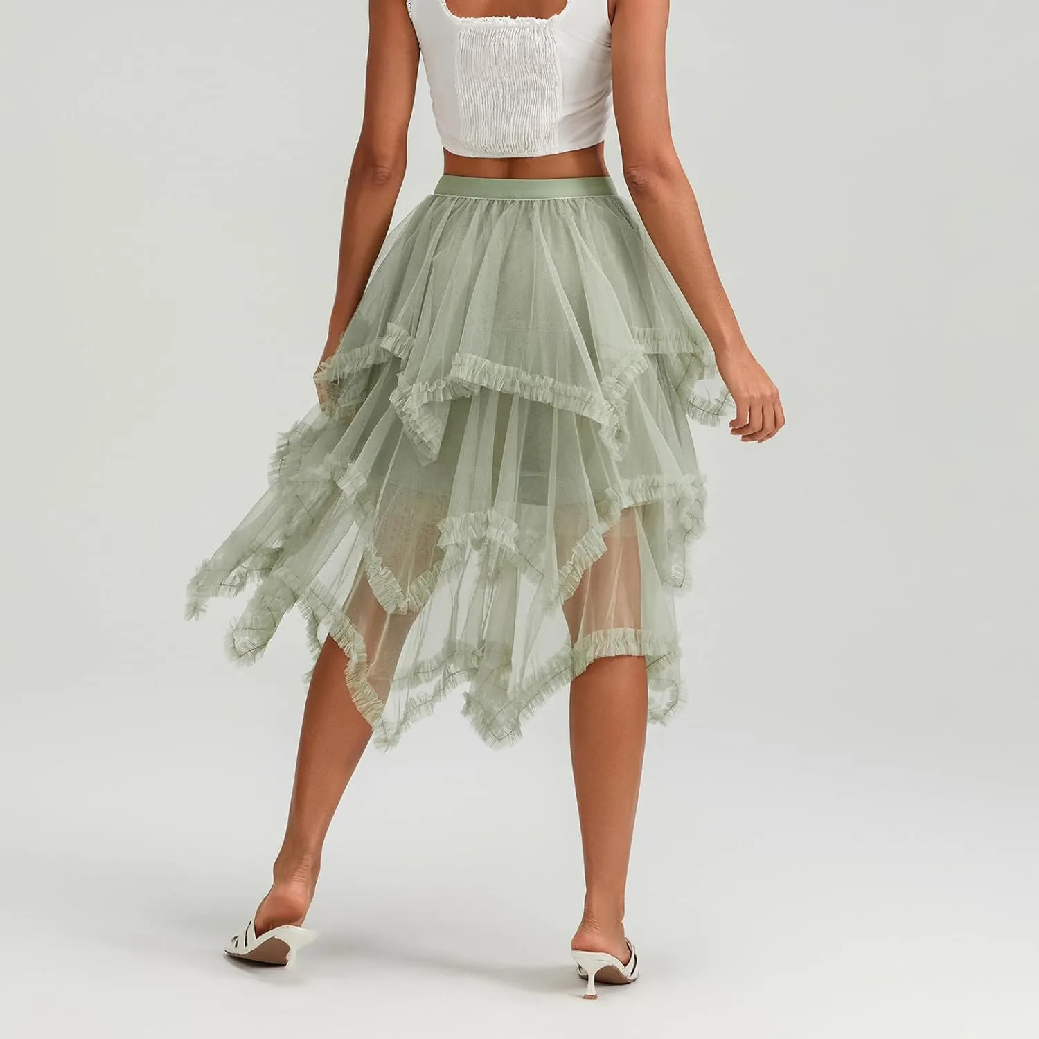 Women Layered Tulle Midi Skirt Frill Trim Ruffle Long Skirts