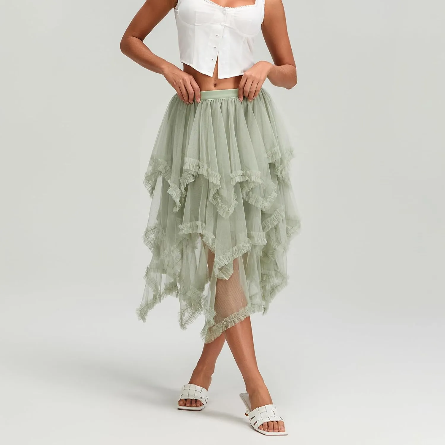 Women Layered Tulle Midi Skirt Frill Trim Ruffle Long Skirts