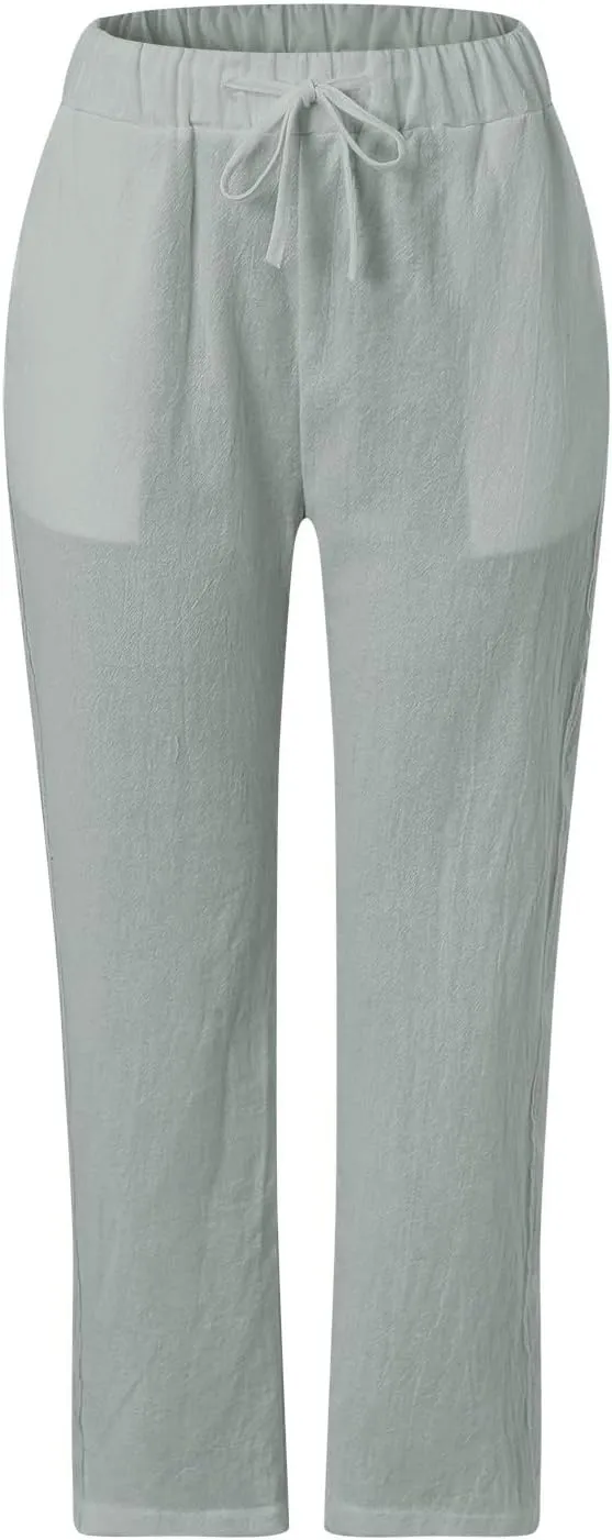 Women Linen Capri Pants Summer Boho with Pockets Wide Leg Cropped Pants for Women Casual Summer Cropped Pants Womens