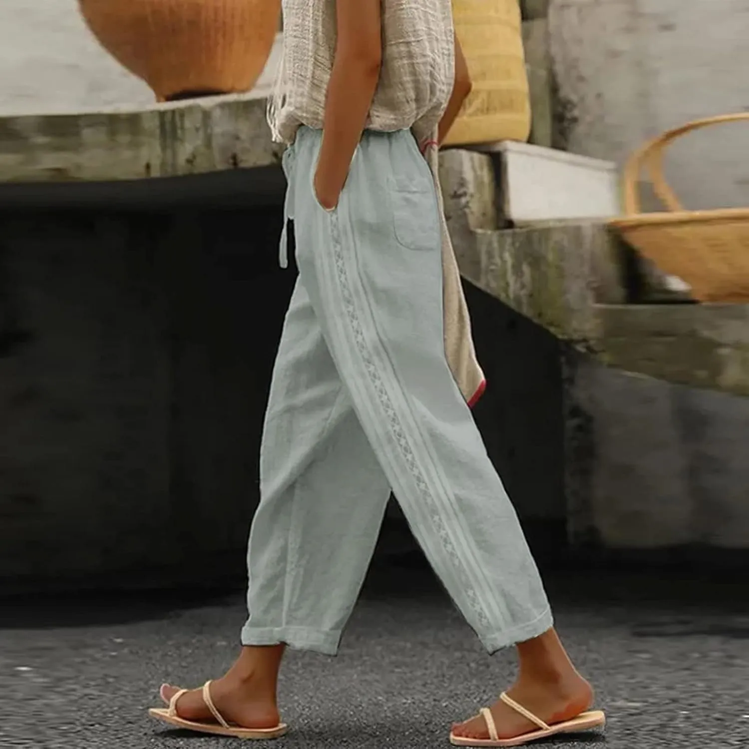 Women Linen Capri Pants Summer Boho with Pockets Wide Leg Cropped Pants for Women Casual Summer Cropped Pants Womens