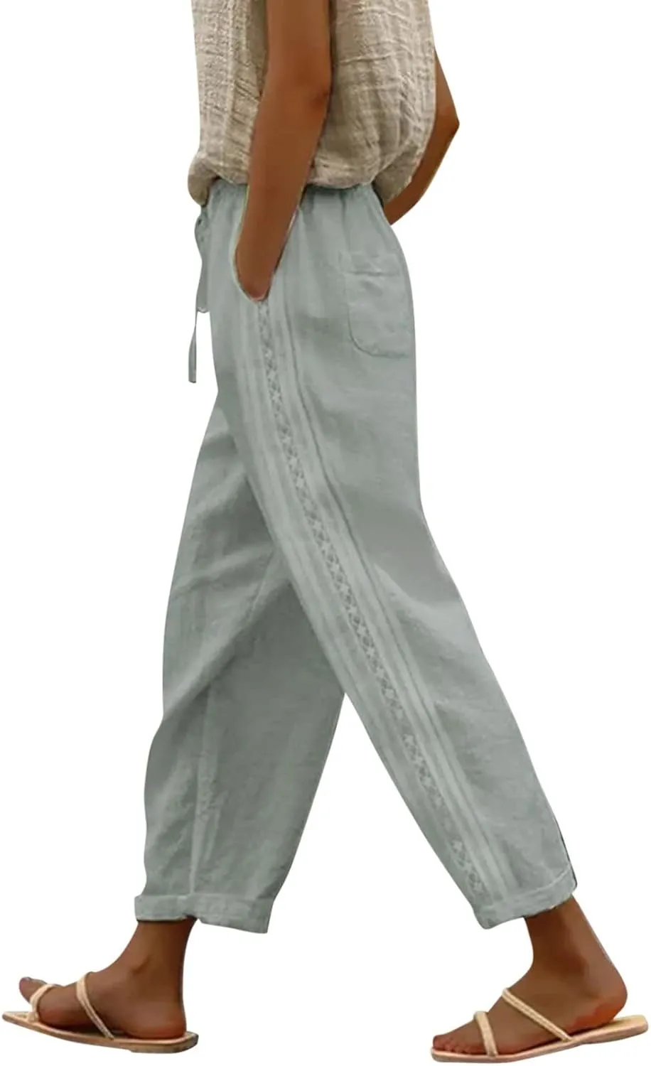 Women Linen Capri Pants Summer Boho with Pockets Wide Leg Cropped Pants for Women Casual Summer Cropped Pants Womens