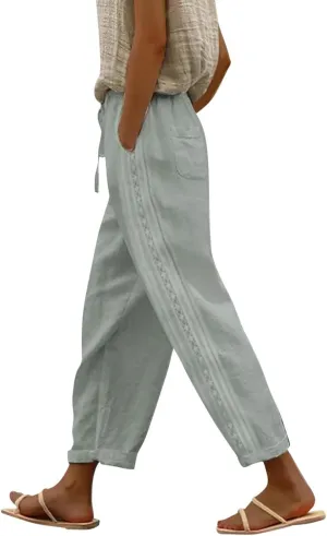 Women Linen Capri Pants Summer Boho with Pockets Wide Leg Cropped Pants for Women Casual Summer Cropped Pants Womens