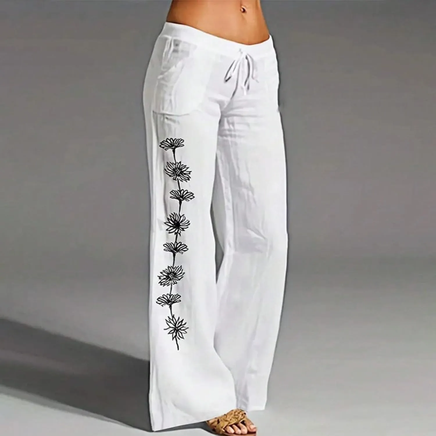 Women Linen Palazzo Pants 2025 Summer High Waisted Wide Leg Lounge Pants Pleated Beach Travel Trousers with Pocket