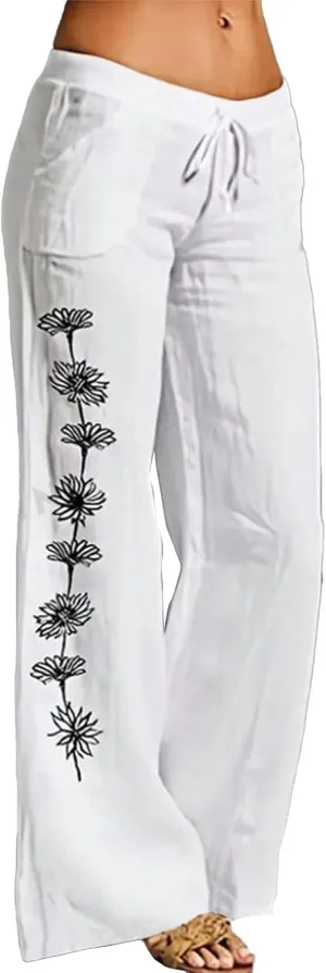Women Linen Palazzo Pants 2025 Summer High Waisted Wide Leg Lounge Pants Pleated Beach Travel Trousers with Pocket