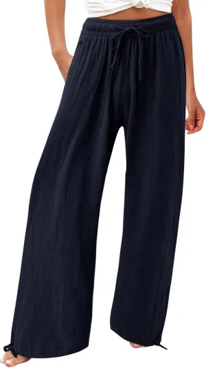 Women Linen Palazzo Pants Summer Comfy Flowy Wide Leg High Waist Casual Loose Beach Lounge Pant Trouser