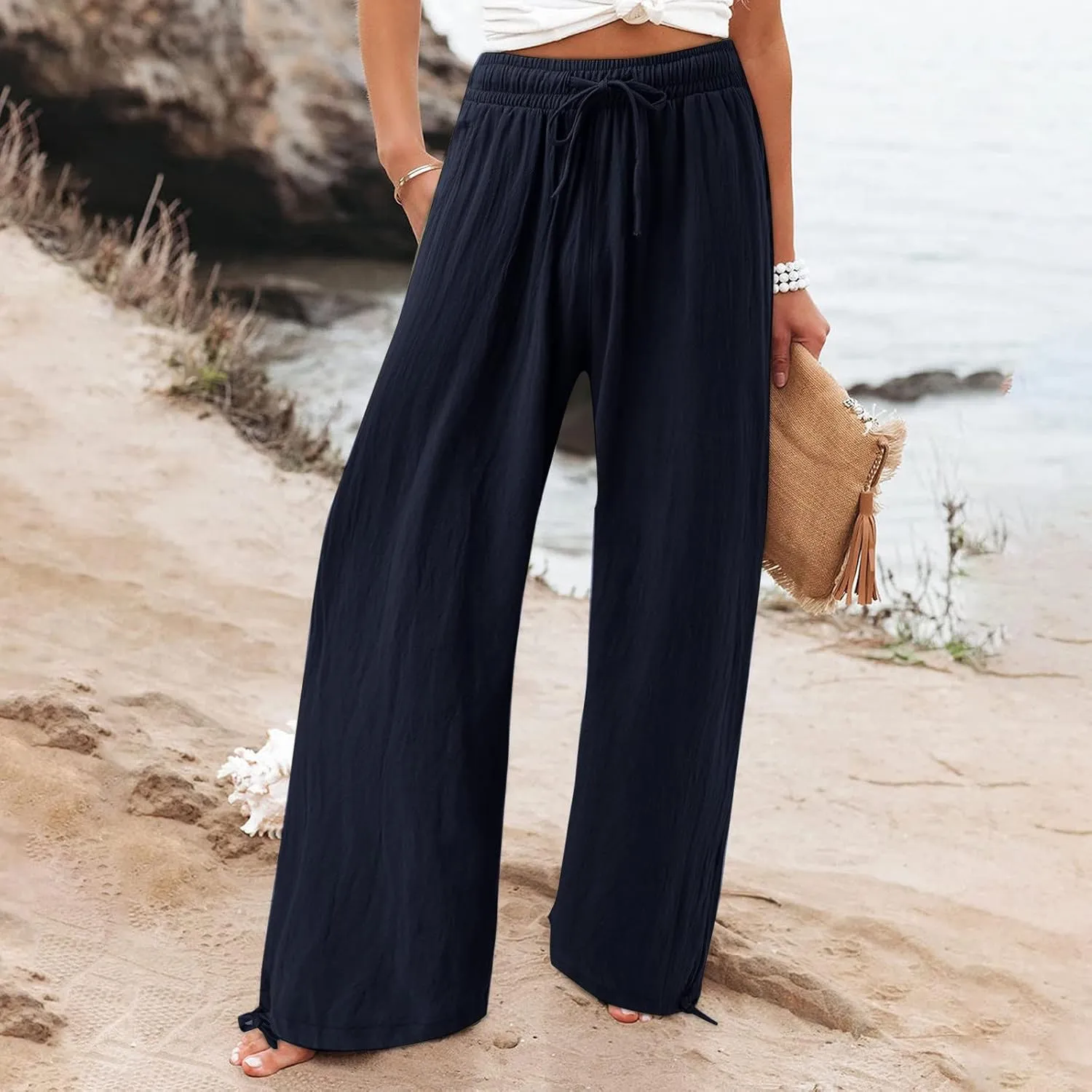 Women Linen Palazzo Pants Summer Comfy Flowy Wide Leg High Waist Casual Loose Beach Lounge Pant Trouser