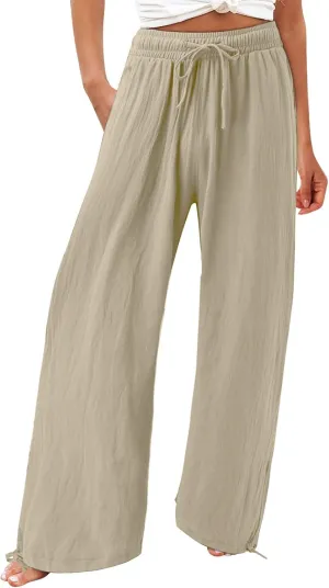 Women Linen Palazzo Pants Summer Comfy Flowy Wide Leg High Waist Casual Loose Beach Lounge Pant Trouser