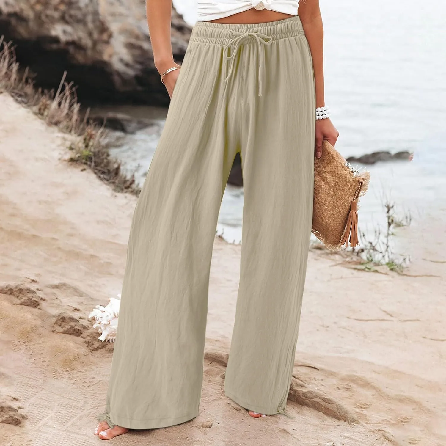 Women Linen Palazzo Pants Summer Comfy Flowy Wide Leg High Waist Casual Loose Beach Lounge Pant Trouser